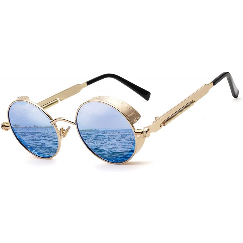 Oval Polarized Steampunk Round Sunglasses for Men Women Mirrored Lens Metal Frame S2671 - Gold&blue - CZ182GZGTU9 $15.38