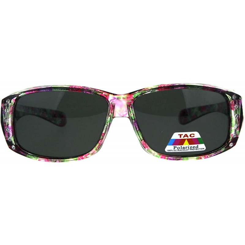 Rectangular Polarized Womens Floral Print Fit Over Rectangular 54mm Sunglasses - Purple Green Pink - C418D4IOSTE $16.15