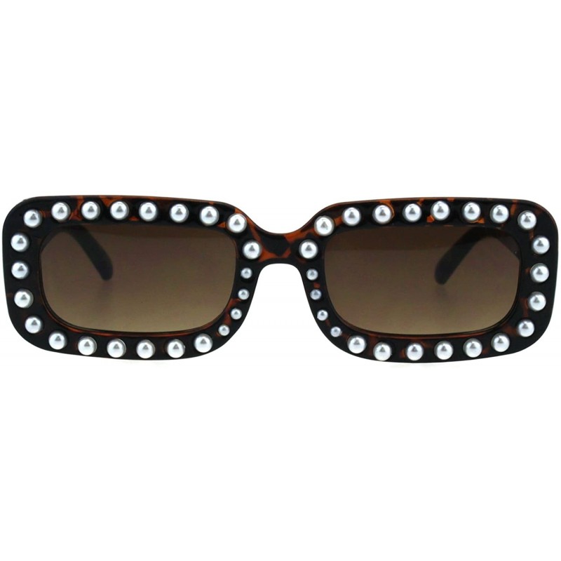 Rectangular Womens Pearl Jewel Plastic Narrow Rectangular Designer Mod Sunglasses - Tortoise Brown - CQ18GEUILZU $14.29