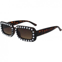 Rectangular Womens Pearl Jewel Plastic Narrow Rectangular Designer Mod Sunglasses - Tortoise Brown - CQ18GEUILZU $14.29