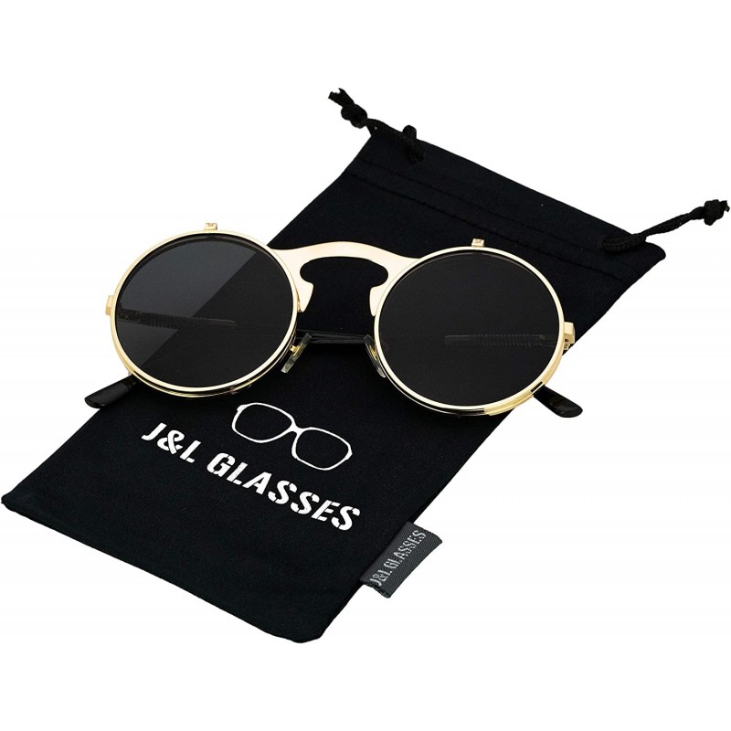 Retro Flip-Up Round Goggles Seampunk Sunglasses - Golden/Black - CH18C3HYLLG