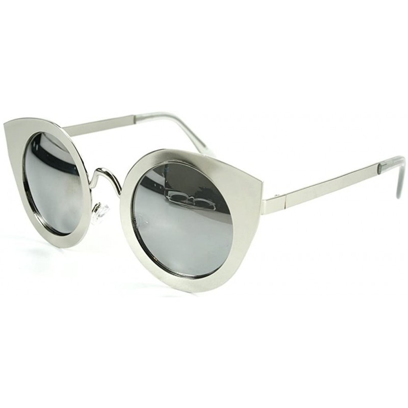 Round Milo" Women's Designer Retro Round Cateye Sunglasses with Mirror Lens - Chrome W/ Chrome Lens - CQ12H56NCA7 $11.65