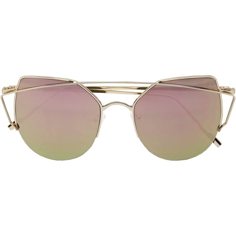 Cat Eye Women's Half Frame Cross Bar Flat Color Mirrored Lens Metal Cat Eye Sunglasses - Gold / Pink - CP12O6SB1PM $11.84