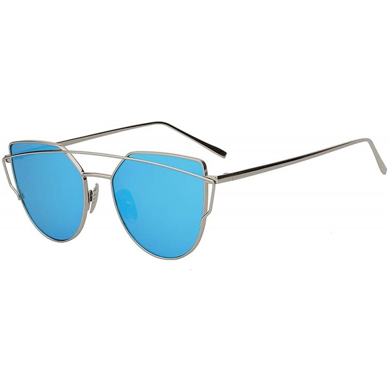 Oversized Women Oversized Cat Eye Metal Twin Beam Frame Sunglasses Colored Flat Lenses - Silver-blue-mirror - C618I6KLUAS $10.16