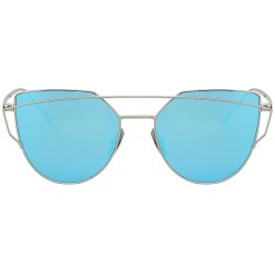 Oversized Women Oversized Cat Eye Metal Twin Beam Frame Sunglasses Colored Flat Lenses - Silver-blue-mirror - C618I6KLUAS $10.16