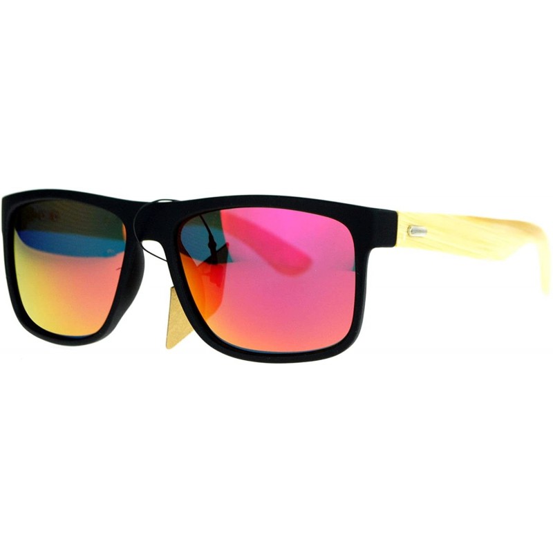 Rectangular Real Bamboo Temple Polarized Sunglasses Classic Square Rectangle Frame - Black (Fuchsia Mirror) - C0189LU2IXA $10.08