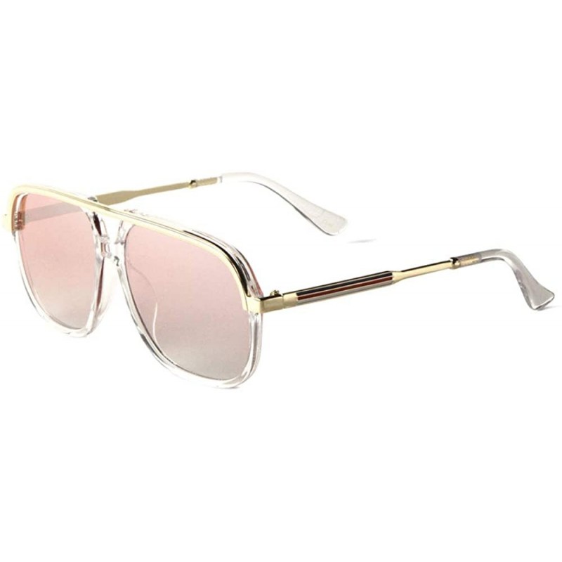 Aviator Round Flat Lens Elongated Curved Top Bar Color Temple Lines Aviator Sunglasses - Pink Crystal - CM197WQ7T2G $11.94