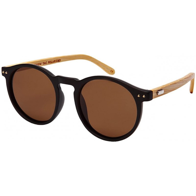 Sport Round Horn Rimed Bamboo Sunglasses Wood Women Polarized Lens 541006BM-FLP - Matte Black - CX183XMDU8X $13.82