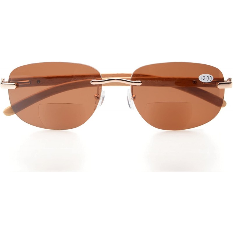 Rimless Mens Womens Rimless Bifocal Sunshine readers In Wood Temple And Spring Hinges - Brown - CZ180RNDDW7 $12.67