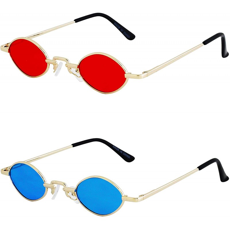 Oval Vintage Slender Oval Sunglasses Small Metal Frame Candy Colors - 2 Pack Red and Blue - C9198498YA6 $18.92