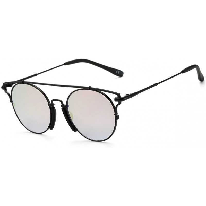 Sport Cat Eye Fashion Retro Small Round Metal Frame Sunglasses Mirrored Lens for Women and Men - Pink Lens/Black Frame - CT18...