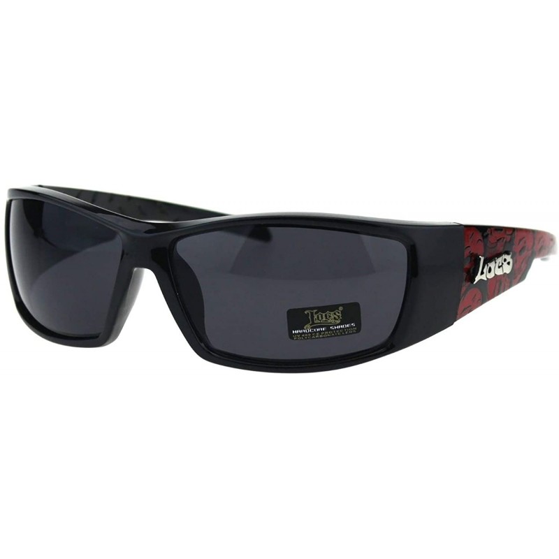 Rectangular Mens Locs Sunglasses Skull Print Wrap Around Rectangular Biker Shades Black - Black Red - CA18IWO50EG $9.68