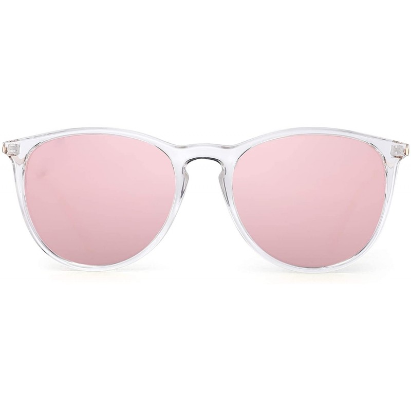 Round Retro Polarized Sunglasses for Men Women Vintage Designer Style Shades - Clear Frame / Polarized Mirror Pink Lens - CS1...